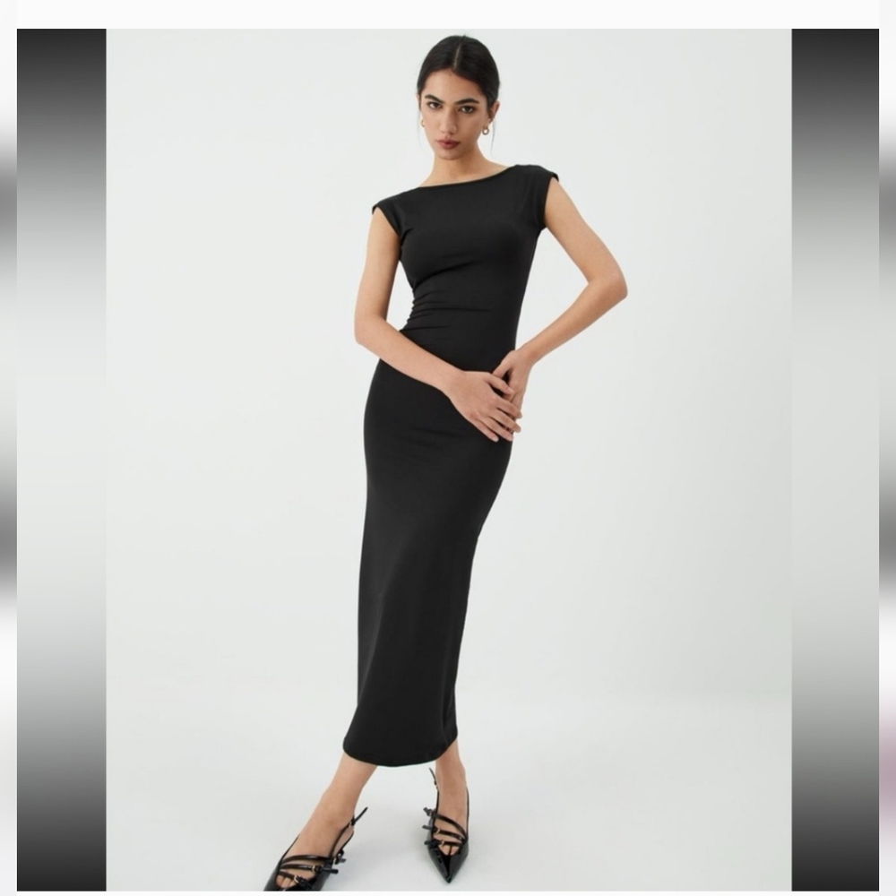 MICAS Backless Bodycon Midi Dress Black Cap Sleeve Size SM NWT - Picture 3 of 11